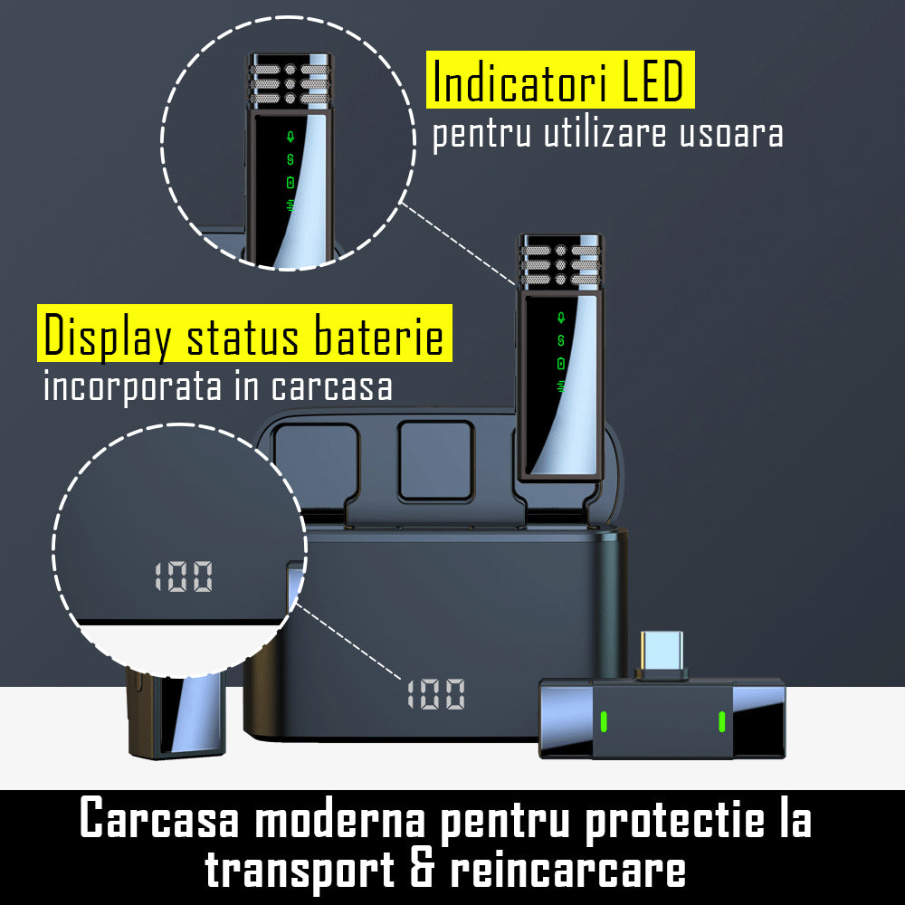 Set 2 microfoane lavaliera wireless, sistem sonor HD cu noise cancelling, mufa type C si adaptor Iphone/Ipad, Indicatori led, fara fir, plug & play