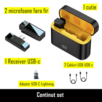 Set 2 microfoane lavaliera wireless, sistem sonor HD cu noise cancelling, mufa type C si adaptor Iphone/Ipad, Indicatori led, fara fir, plug & play