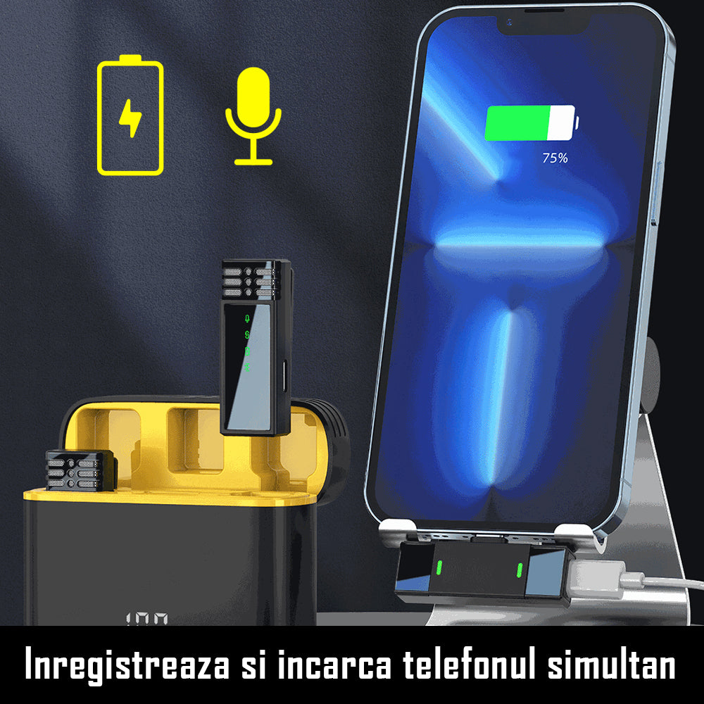 Set 2 microfoane lavaliera wireless, sistem sonor HD cu noise cancelling, mufa type C si adaptor Iphone/Ipad, Indicatori led, fara fir, plug & play