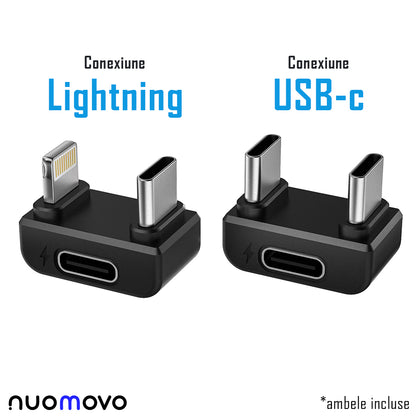 Set 2 microfoane lavaliera profesionale wireless, conectare 2.4G, sistem de procesare sunet inteligent, conectare type C si lightning, fara fir, plug & play