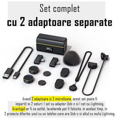 Set 2 microfoane lavaliera profesionale wireless, conectare 2.4G, 2 adaptoare separate type C si lightning, Indicatori led, fara fir, prindere magnetica sau tip lant, plug & play